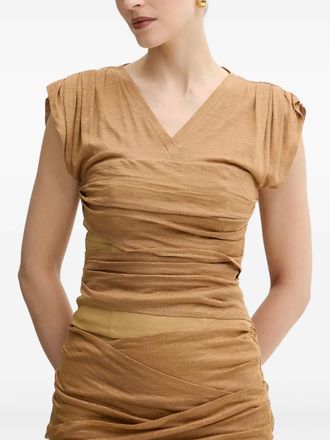 Pinko draped V-neck top - women - Viscose/Linen/Flax/Linen/Flax/Elastane - 44 - Neutrals
