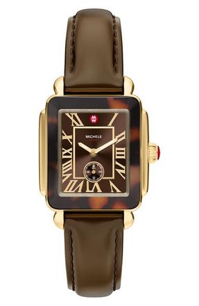 Michele Deco Sport Mid Leather Strap Watch in Tortoise at Nordstrom
