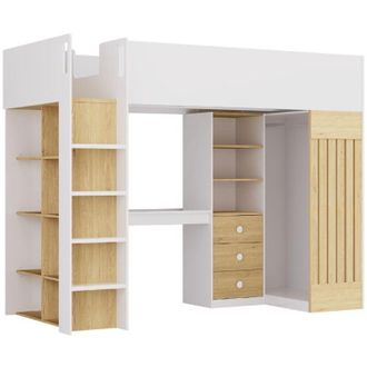 Vente-Unique Letto a soppalco 90 x 190 cm con vani scrivania e bastone appendiabiti Bianco e Naturale - LORINTI