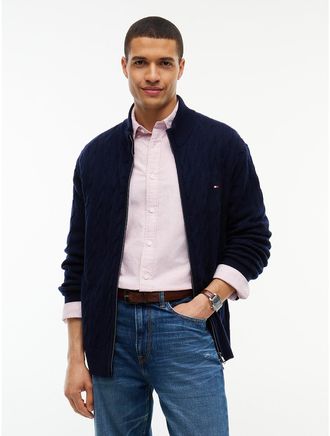 Tommy Hilfiger Mens Cable Knit Lambswool Zip Cardigan - Navy Blue - M