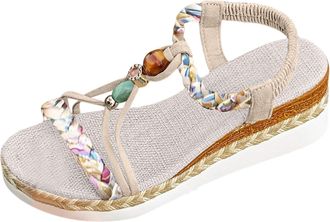Generic womens comfortable sandals Sandals for Women Bohemian T Bar Elastic Ankle Strap Sandal Summer Casual Non-Slip Espadrilles Wedges Open Toe Walking Slid