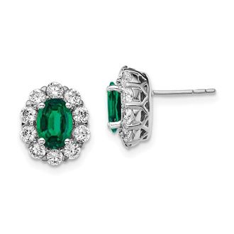 Diamond2Deal 14k White Gold 1 1/5 Ct Lab Grown Diamond and Oval Created Emerald Halo Stud Earrings