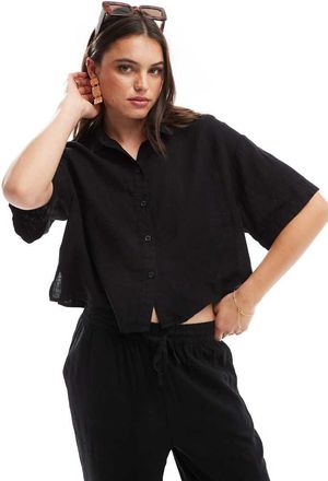 Vero Moda mix and match linen blend boxy short sleeved shirt in black