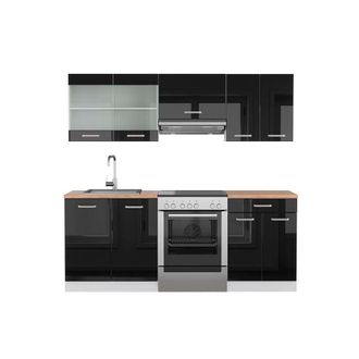 Vicco Mueble De Cocina R-line, Negro Brillo/blanco, 200 Cm, Et Roble, Vicco