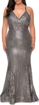 La Femme Sequin Plus Size Dress with Criss Cross Back in Silver at Nordstrom, Size 20W