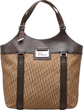 Dior Trotter Beige Brown Leather Canvas Handbag Tote Bag (Pre-Owned)