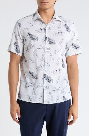 Robert Barakett Manolo Feather Print Short Sleeve Stretch Cotton Button-Up Shirt in White at Nordstrom, Size Xx-Large