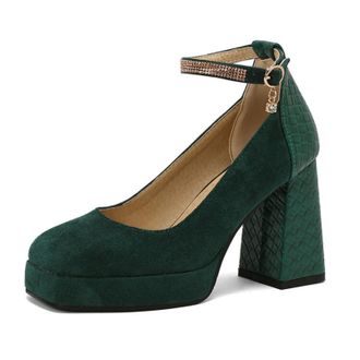 Generic Womens Round Toe Pumps Suede Snakeskin Pattern Block Heel Platform Adjustable Ankle Strap Rhinestone Charm Cushioned Insole Anti-Slip Durable Sole,Gre