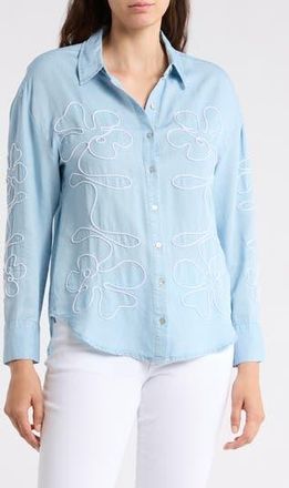 Nicole Miller Floral Embroidered Button-Up Shirt in Light Wash/White at Nordstrom Rack, Size X-Large