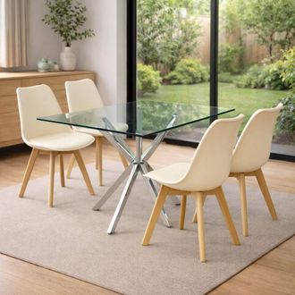 Kosy Koala Modern Rectangle Glass Dining Table Set With 4 Cream Plastic Chairs