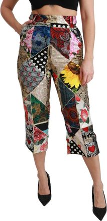 Dolce & Gabbana Silk Multicolor Print High Waist Cropped Womens Pants
