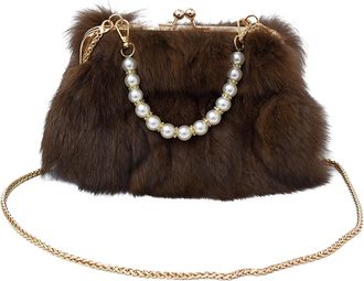 Generic Stylish Crossbody Bag with Pearl Chain Trendy Sling Bag Solid Color All-Match Evening Clamp Bag Travel Date Shopping Clutch (Coffee)