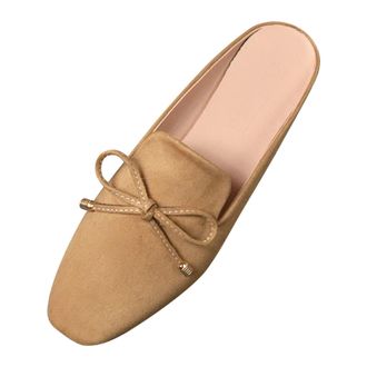 Generic Womens Mule Loafers Suede Flat Shoes Slip On Bowknot Slides Backless Summer Fashion Sandals Lightweight Comfortable Low-Top Round Toe Flats Khaki