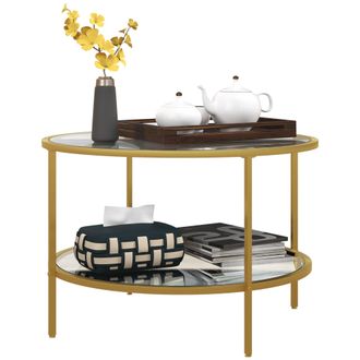 HOMCOM Round Coffee Table with Storage Shelf and Tempered Glass Top - Gold Tone | TJ Hughes