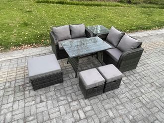 Fimous Outdoor Garden Furniture Sets 7 Pieces Rattan Furniture Manual Wicker Patio Sofa Patio Conversation Set with 2 Big Footstool Side Table