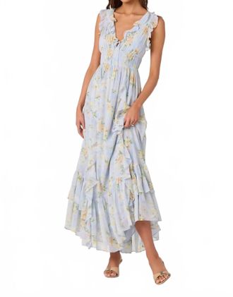 Astr Kindra Ruffle Deep-V Maxi Dress In Light Blue Floral