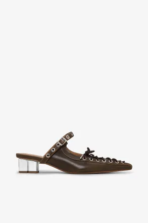 Ganni Lace-Up Mules in Dark-Olive Oleatex - Size 35 Green