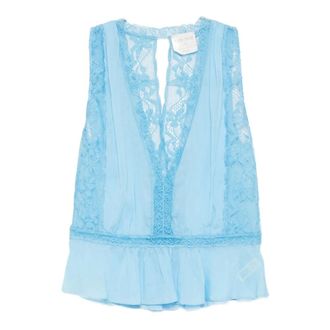 Forte_Forte Tops, Dames, Blauw, M, Top Voile Co/Se e Pizzo