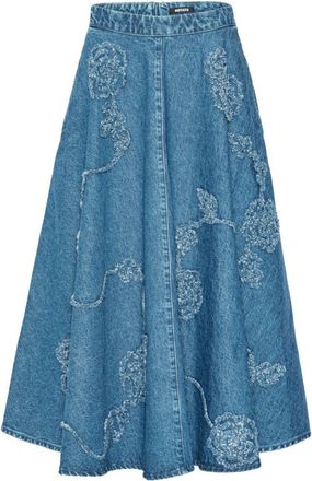 Rotate Flared Midi Denim Skirt With Floral Embroidery