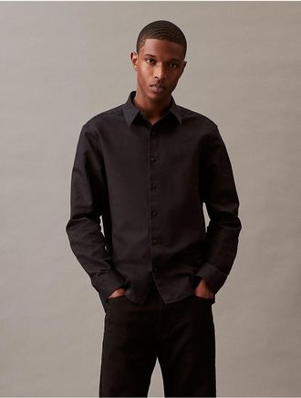 Calvin Klein Mens Solid Linen Blend Classic Button-Down Shirt - Black - XS