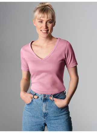 Trigema T-Shirt TRIGEMA TRIGEMA V-Shirt aus Baumwolle/Elastan, Damen, Gr. XXL, lila (lilie), 95% Baumwolle, 5% Elastan, Basic, Shirts T-Shirt