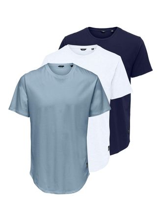Only & Sons Rundhalsshirt ONLY & SONS ONSMATT LONGY SS TEE 3-PACK, Herren, Gr. XXL, blau fog pack:1blaufog1brightwei&szlig;1peacoat, Single Jersey, Obermaterial: 100% B