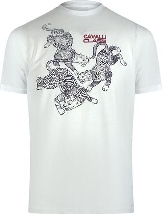Cavalli Mens Traditional Style Leopard Graphic Off White T-shirt Cotton - Size X-Large