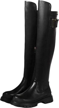 Generic Womens Cow Leather Flat Platform Stretch Thigh-High Boots Round Toe Zip Over-The-Knee Boots