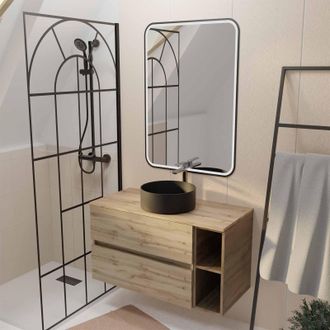 Aurlane Mueble De Ba&ntilde;o 100cm Efecto Roble 2 Cajones Lavabo Negro Espejo Led 60x80