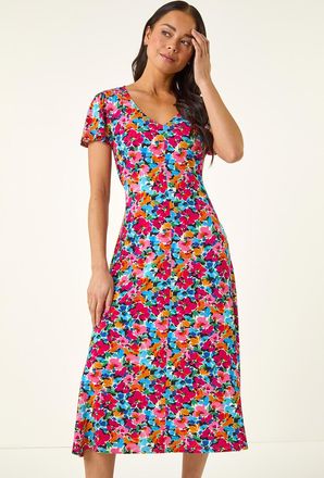 Roman Floral Button Pocket Midi Dress