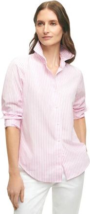 Brooks Brothers Klassiek model non-iron gestreept stretch poplin Supima overhemd met buttondownkraag - Dames - Overhemden - Roze - 2XS - Katoen - Overhemden