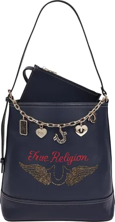 True Religion Chain Moto PU Bucket Bag with Charm Chain and Removable Zip Pouch
