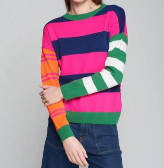Vilagallo Crew Neck Pullover Striped Sweater In Pink Multi
