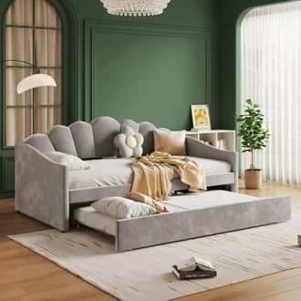 Merax 3ft Single Grey Velvet Scalloped Upholstered Daybed with Trundle Bed