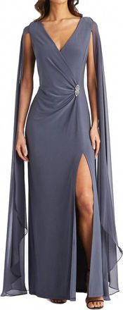 R & M Richards Chiffon Duster Cape Gown In Coal