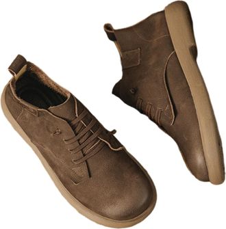 Generic Mens Flat Heel Casual Short Boots Lace Up Ankle Boots Round Toe PU Leather Office Work Shoes,Brown,6.5 UK