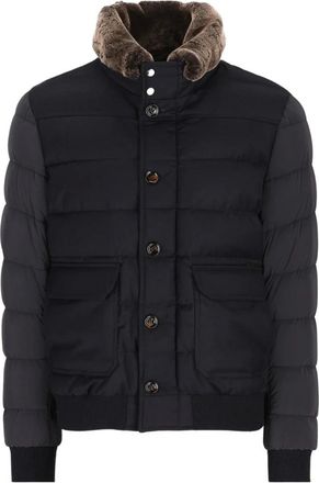 Moorer Jassen, Heren, Blauw, XL, Leer, Gevoerde jas met imitatiebontkraag