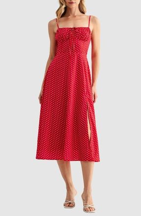 All in Favor Polka Dot Corset Bodice Midi Sundress in Red Ivory at Nordstrom, Size X-Small