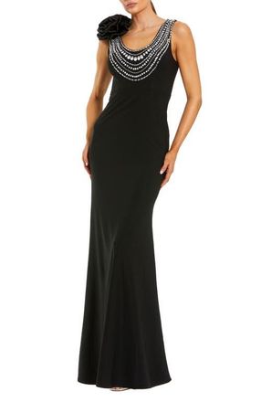 Mac Duggal Beaded Scoop Neck Jersey Gown With 3D Flower in Black at Nordstrom, Size X-Small