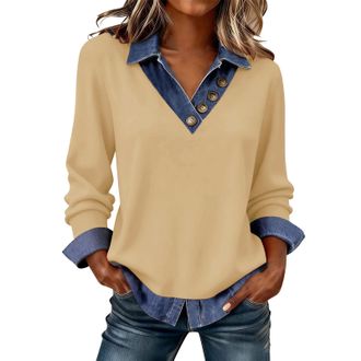 Generic Womens Sweatshirt, Ladies Jumpers Sweatshirts Long Sleeve Tops Women UK Trendy Denim Patchwork Tunics Blouse Going Out Slim Fit Pullover Shirts Dressy