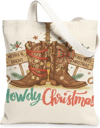 Generic Christmas Boots Canvas Tote Bags, Holiday Western Style Reusable Grocery Bags, Vintage Rustic Lightweight Washable Shoulder, Beige, 13x15 Inch
