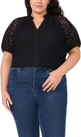 CeCe by Cynthia Steffe Raglan Sleeve Lace Top in Rich Black at Nordstrom, Size 3X