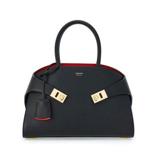 Ferragamo Black Leather Handbag with Gancini Plaque - female - Ferragamo - Handbags - Black - ONE SIZE - Bags