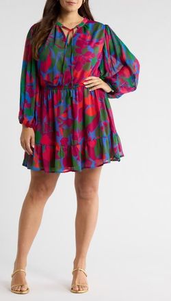 Sugarlips Kaeli Floral Print Long Sleeve Dress in Magenta-Blue-Green at Nordstrom, Size 2 X