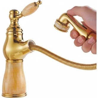 Abysse Grifo Monomando Para Lavabo De Encimera Con Cabezal Rociador Extra&iacute;ble, Agua Fr&iacute;a Y Caliente (amarillo, Dorado A Corto)