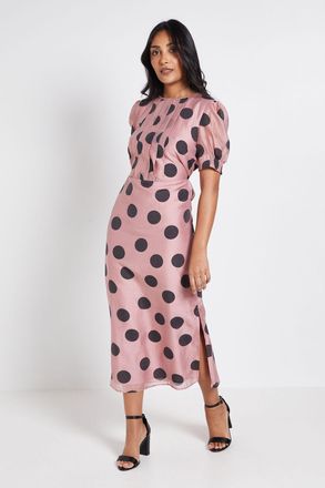 Wallis Womens Petite Pleat Detail Puff Sleeve Midi Dress - Pink viscose - Size 10 UK