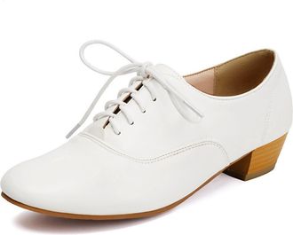 Generic Women Lace Up Dance Oxfords Black White Yellow Round Toe Low Block Heel Adjustable Laces Stitched Detail Cushioned Insole Flexible Sole,White,7.5 UK