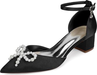 Generic Women Satin Bridal Shoes Pointed Toe Low Chunky Heels Pearls Pumps Wedding Shoes Evening Party Dress Shoes 4.5Cm,Black,10 UK
