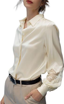 LilySilk The Armeria Lace Silk Blouse in Lily White at Nordstrom, Size Small