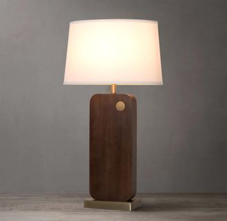 Nova of California Laurel Table Lamp - Dark Walnut Wood Finish, Weathered Brass, White Linen Shade